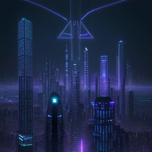 A futuristic city skyline at night with glowing data lines and beams of light connecting buildings, representing a hyper-connected global network.