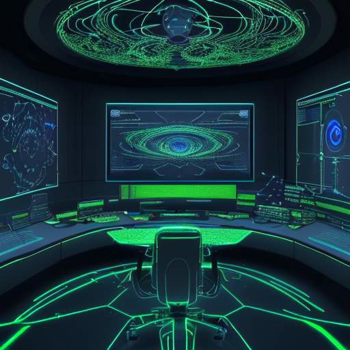 A futuristic control room featuring a glowing holographic neural network with gold data flowing through fiber optic cables, symbolizing advanced quantum computing and complex data processing.