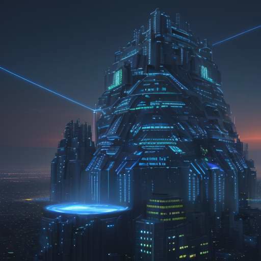 A futuristic digital fortress with glowing blue energy shields protecting a city of data blocks at dusk, symbolizing a secure and protected corporate AI environment.
