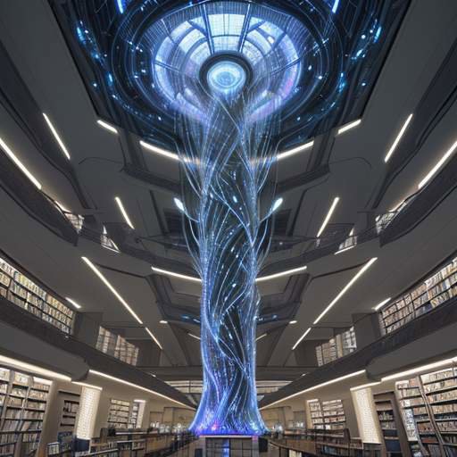 A futuristic library with glowing glass shelves, shimmering data streams, and a central fiber-optic tree, symbolizing complex branching logic and vast organized information.