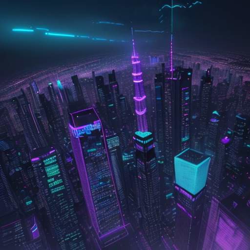 A futuristic smart city at twilight with neon-lit skyscrapers, autonomous vehicles, and drones connected by glowing data streams flowing into a central edge computing hub.