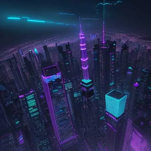 A futuristic smart city at twilight with neon-lit skyscrapers, autonomous vehicles, and drones connected by glowing data streams flowing into a central edge computing hub.