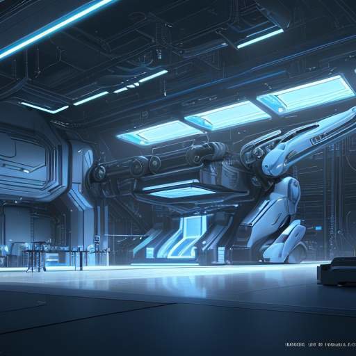 A futuristic, ultra-modern semiconductor fabrication facility featuring robotic arms and glowing laser systems in a clean, high-tech environment.
