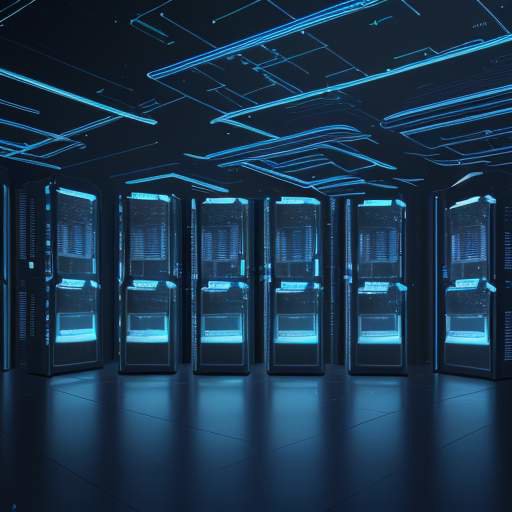 A glowing blue translucent shield protects high-tech server racks, surrounded by shimmering geometric lines representing encryption layers in a dark, high-tech digital fortress.