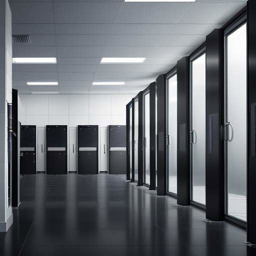 A high-security government data center with rows of black server racks, heavy steel doors, biometric scanners, and security personnel patrolling a clean, white-tiled room with an American flag in the background.