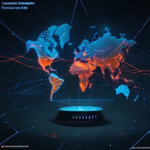 A high-tech 3D visualization of a global network map with glowing blue and orange lines connecting major cities, illustrating the complex global semiconductor supply chain.