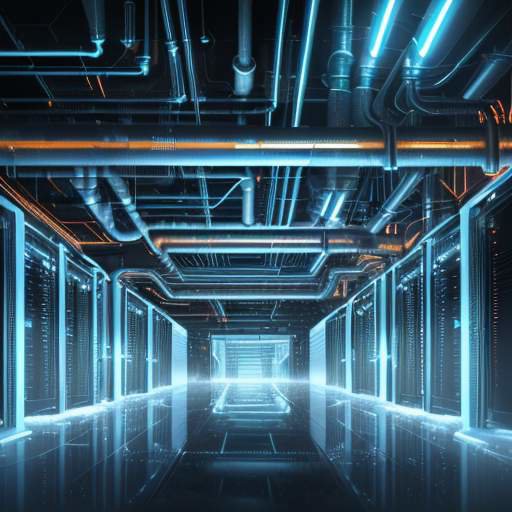 A high-tech data center featuring large metallic pipes with frost and glowing server racks, illustrating the contrast between liquid cooling systems and high-performance computing hardware.