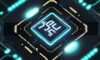 A hyper-realistic close-up of a futuristic microprocessor chip with glowing gold and neon-blue circuitry and a subtle RISC-V logo etched onto its surface.