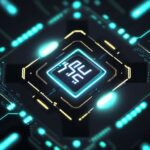 A hyper-realistic close-up of a futuristic microprocessor chip with glowing gold and neon-blue circuitry and a subtle RISC-V logo etched onto its surface.