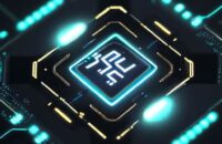 A hyper-realistic close-up of a futuristic microprocessor chip with glowing gold and neon-blue circuitry and a subtle RISC-V logo etched onto its surface.