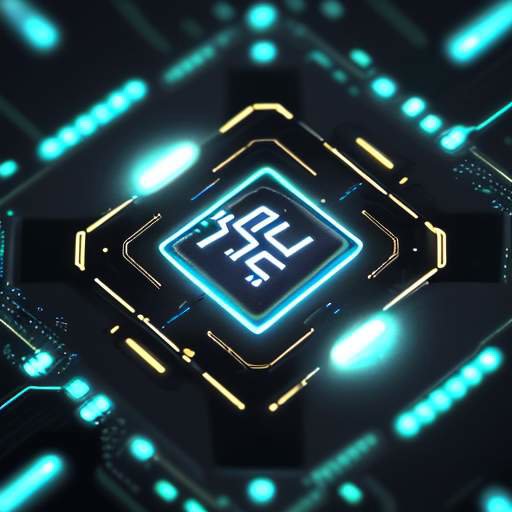 A hyper-realistic close-up of a futuristic microprocessor chip with glowing gold and neon-blue circuitry and a subtle RISC-V logo etched onto its surface.