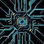 A macro cinematic shot of a high-tech silicon wafer featuring glowing gold circuitry and neon-blue pathways, illustrating the intricate architecture of an FPGA chip.