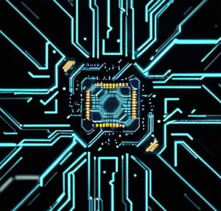 A macro cinematic shot of a high-tech silicon wafer featuring glowing gold circuitry and neon-blue pathways, illustrating the intricate architecture of an FPGA chip.