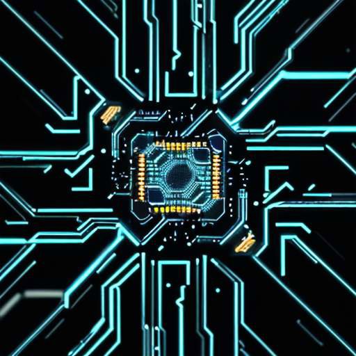 A macro cinematic shot of a high-tech silicon wafer featuring glowing gold circuitry and neon-blue pathways, illustrating the intricate architecture of an FPGA chip.