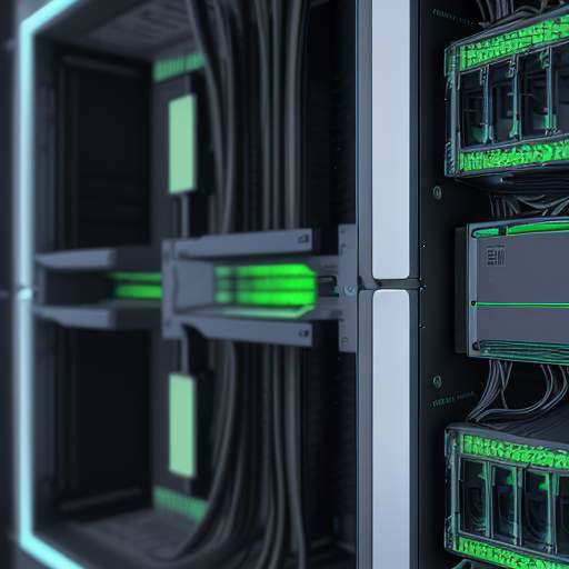 A macro close-up of a high-end brushed steel network switch with glowing green and blue lights, highlighting intricate wiring and industrial hardware.