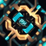 A macro close-up of a high-end GPU chip featuring glowing golden circuitry and neon blue accents on a detailed silicon wafer.
