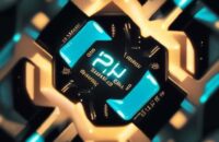 A macro close-up of a high-end GPU chip featuring glowing golden circuitry and neon blue accents on a detailed silicon wafer.