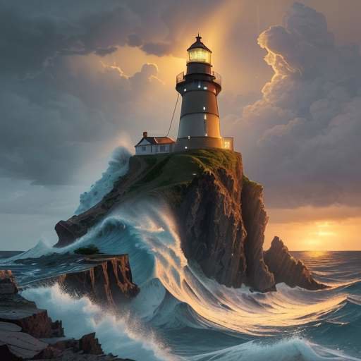 A majestic, glowing lighthouse on a jagged cliff beams golden light through a stormy sea and heavy rain, symbolizing guidance and clarity amidst a turbulent environment.