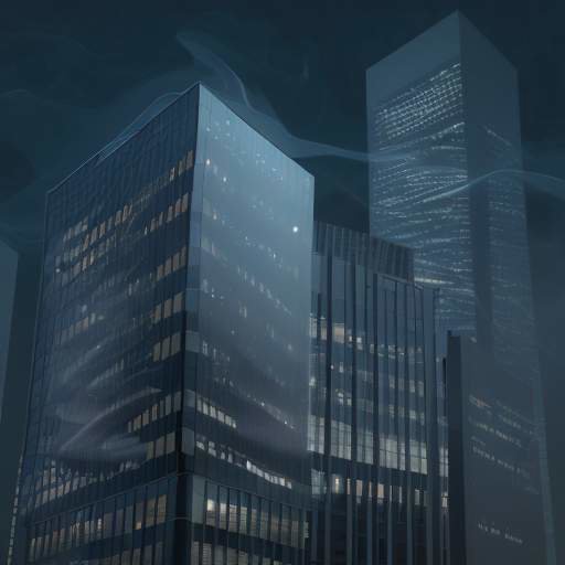 A modern glass office building at night with glowing, ethereal data streams leaking from the windows and dissolving into a dark, swirling digital void in the sky.