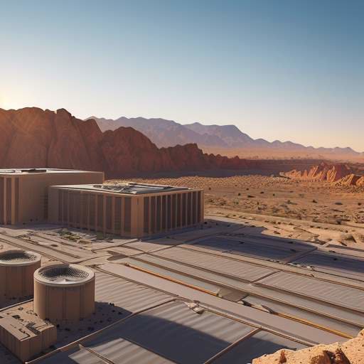 A photorealistic, modern industrial data center with sleek glass panels reflecting golden sunlight in a vast, rocky desert landscape.
