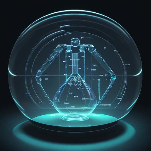A robotic arm synthesizes a glowing chemical structure in a glass container within a futuristic laboratory, surrounded by holographic displays showing molecular simulations and complex calculations.