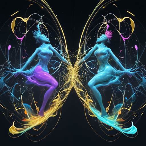A split-screen visual showing a vibrant world of artistic creation merging with a glowing grid of mathematical data, meeting in the center to form a harmonious sphere of light.