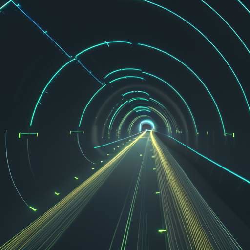 A stylized visualization of golden light pulses representing data packets moving at high speed through a glowing neon blue fiber optic tunnel.