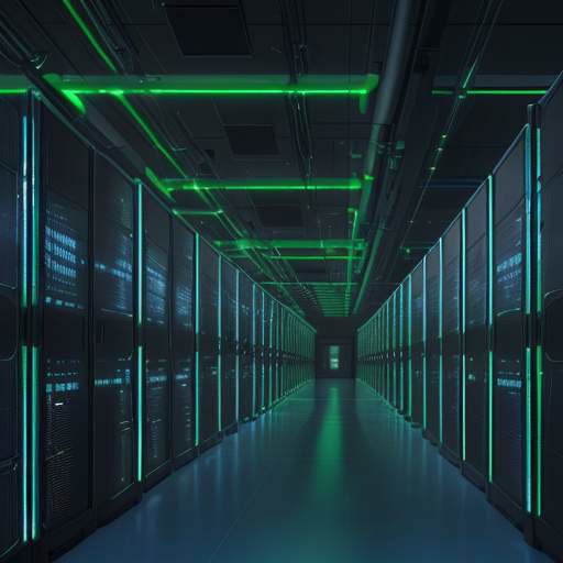 A vast, cinematic data center at night with rows of server racks glowing with green and blue LEDs, illustrating the massive infrastructure behind AI computing.