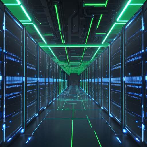 A wide, low-angle view of a futuristic data center with rows of sleek metallic server racks glowing with blue and green LED lights, illustrating a large-scale high-tech infrastructure.