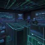 Cinematic view of a digital trading floor merging physical desks with glowing neural networks, symbolizing the intersection of finance and artificial intelligence.