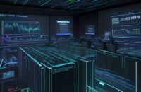 Cinematic view of a digital trading floor merging physical desks with glowing neural networks, symbolizing the intersection of finance and artificial intelligence.