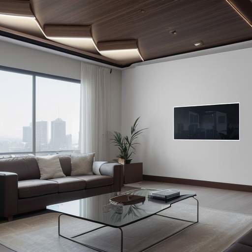 Elegant living room showcasing ambient computing: ceiling projector displays interactive widgets on coffee table, AR glasses overlay data, voice hub blends with walnut shelves, bioluminescent wall strips adapt color temperature for circadian rhythms.