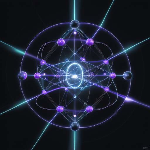 Glowing, interconnected spheres linked by pulsing lines of light in a dark, high-tech laboratory, illustrating the concept of quantum entanglement and superposition.