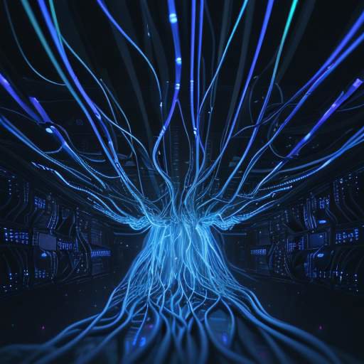 Macro shot of glowing blue fiber optic cables in a dark server room, symbolizing high-speed data transmission and low-latency networking.