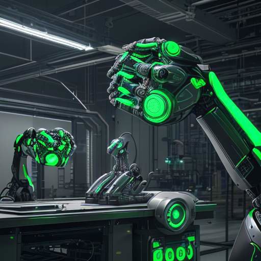 Robotic arms with polished metallic surfaces and glowing green indicators precisely assembling intricate electronics in a high-tech, modern manufacturing facility.