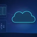 Illustration with a cloud, data center server racks and a neural network