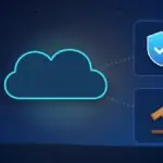 Illustration with a cloud, a security shield and a judge's gavel