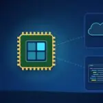 Illustration with a processor chip, a cloud and a code editor