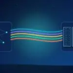 Illustration with optical fibers, a network of nodes and data center server racks