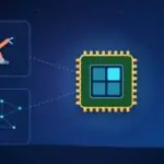 Illustration with a processor chip, an industrial robot arm and a network of nodes