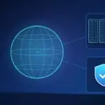 Illustration with a globe, data center server racks and a security shield