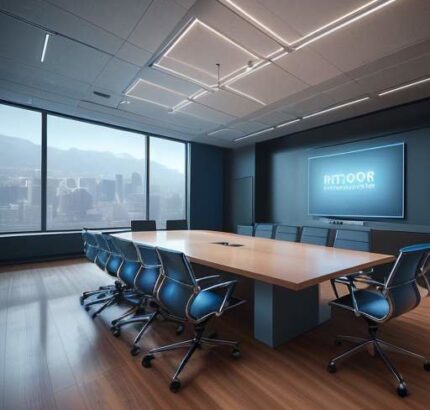 A cinematic, high-contrast shot of two groups of executives facing each other across a glowing red and blue divide in a modern boardroom, symbolizing the intense debate between Western and Chinese AI technologies.