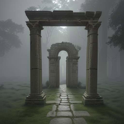 A cinematic, stone labyrinth shrouded in thick glowing mist with a single illuminated door in the center, symbolizing the search for clarity amidst complex regulatory navigation.