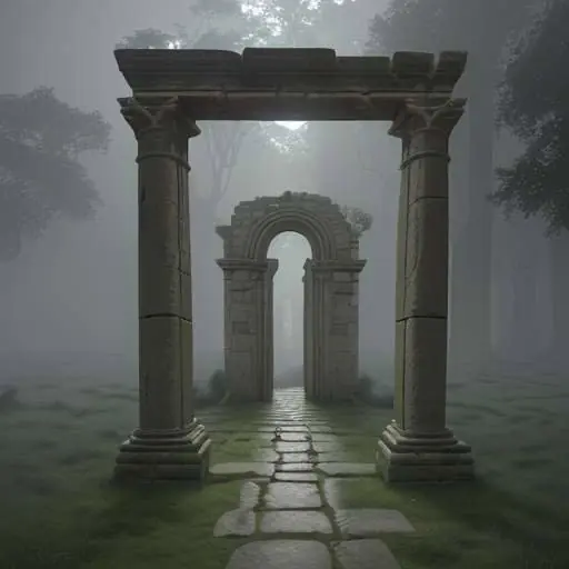 A cinematic, stone labyrinth shrouded in thick glowing mist with a single illuminated door in the center, symbolizing the search for clarity amidst complex regulatory navigation.