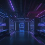 A cinematic visualization of a digital fortress being breached by glowing red data streams against a translucent blue geometric shield in a dark, neon-lit server room.