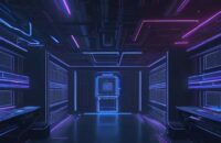A cinematic visualization of a digital fortress being breached by glowing red data streams against a translucent blue geometric shield in a dark, neon-lit server room.