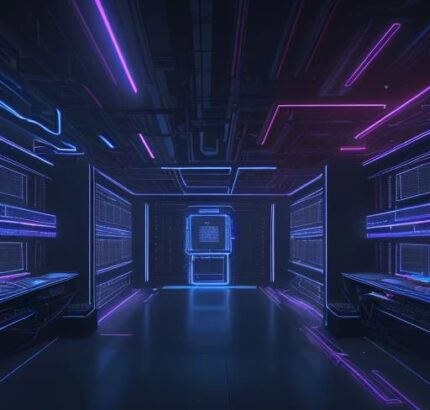 A cinematic visualization of a digital fortress being breached by glowing red data streams against a translucent blue geometric shield in a dark, neon-lit server room.