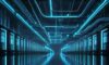 A cinematic, wide-angle view of a futuristic data center with towering server racks glowing with blue and cyan LED lights amidst industrial cooling pipes and high-tech cabling.