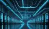 A cinematic, wide-angle view of a futuristic data center with towering server racks glowing with blue and cyan LED lights amidst industrial cooling pipes and high-tech cabling.