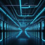 A cinematic, wide-angle view of a futuristic data center with towering server racks glowing with blue and cyan LED lights amidst industrial cooling pipes and high-tech cabling.